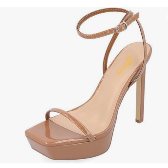 Zszszsu Brown Open Square Toe Strappy Platform Sandals Stiletto High Heels Shoes - Picture 1 of 8